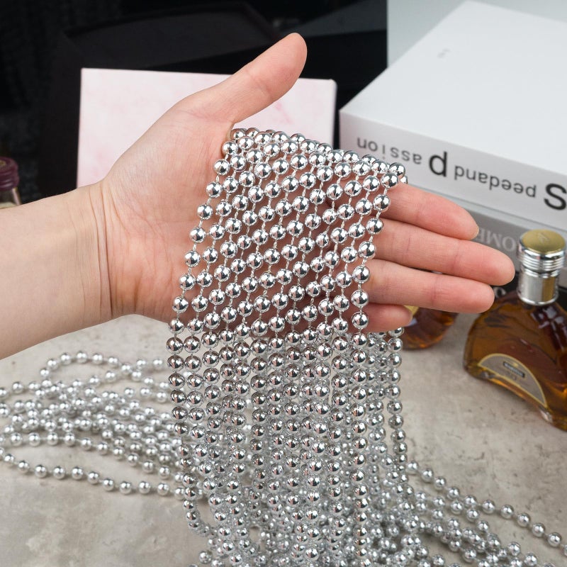 ZYFLSQ 100 Pcs 33"" 7mm Metallic Silver Beads Necklaces  Bulk Mardi Gras Beaded Necklaces  Party Beads Costume Necklaces - Image 3
